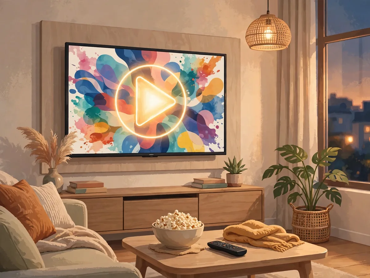 Illustration of a TV with a glowing play button above a coffee table with popcorn and a remote