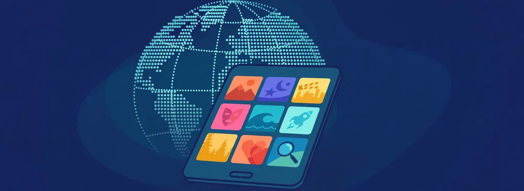Illustration of a smartphone showing a grid of colorful generic artwork tiles in front of a dotted globe
