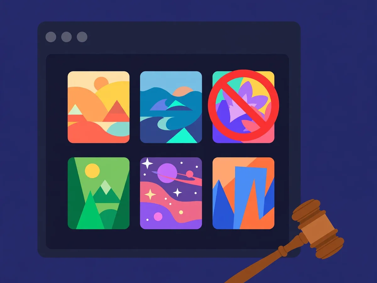 Illustration of a dark website window with colorful generic artwork tiles, one tile marked with a red prohibition sign and a gavel beside the window