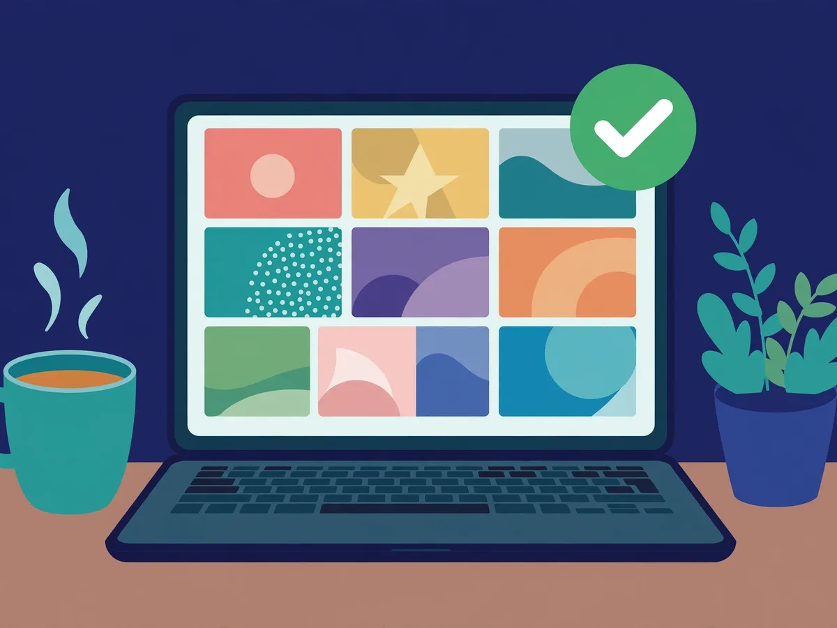 Illustration of a laptop showing a grid of colorful generic artwork tiles with a green checkmark badge, beside a mug and a plant