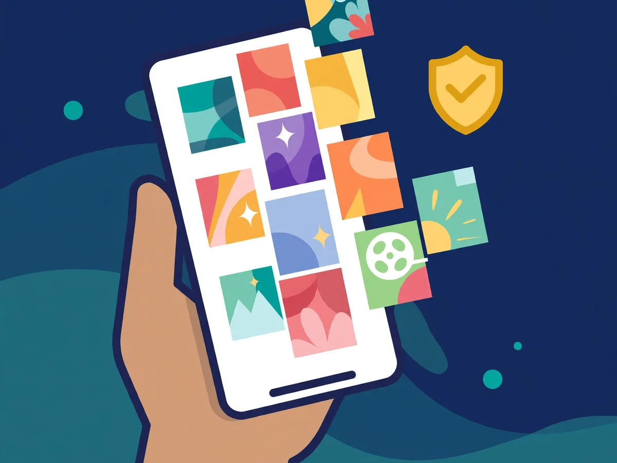Illustration of a hand holding a smartphone with colorful generic movie artwork tiles and a shield with a checkmark