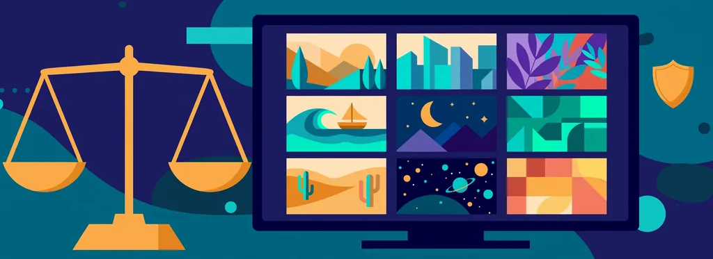 Illustration of a golden balance scale beside a TV showing a grid of colorful generic movie artwork, with a small shield