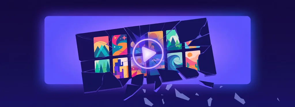 Illustration of a cracked screen with a glowing play button and colorful generic movie artwork tiles, shards falling away