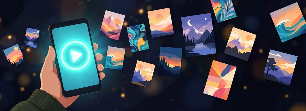 Illustration of a hand holding a phone with a large play button, surrounded by colorful generic movie artwork