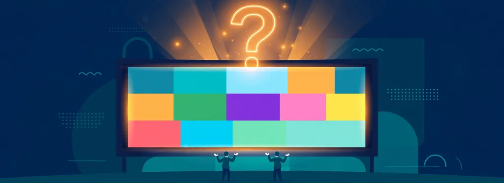 Illustration of a glowing question mark above a large screen of colorful generic artwork tiles, two figures shrugging below