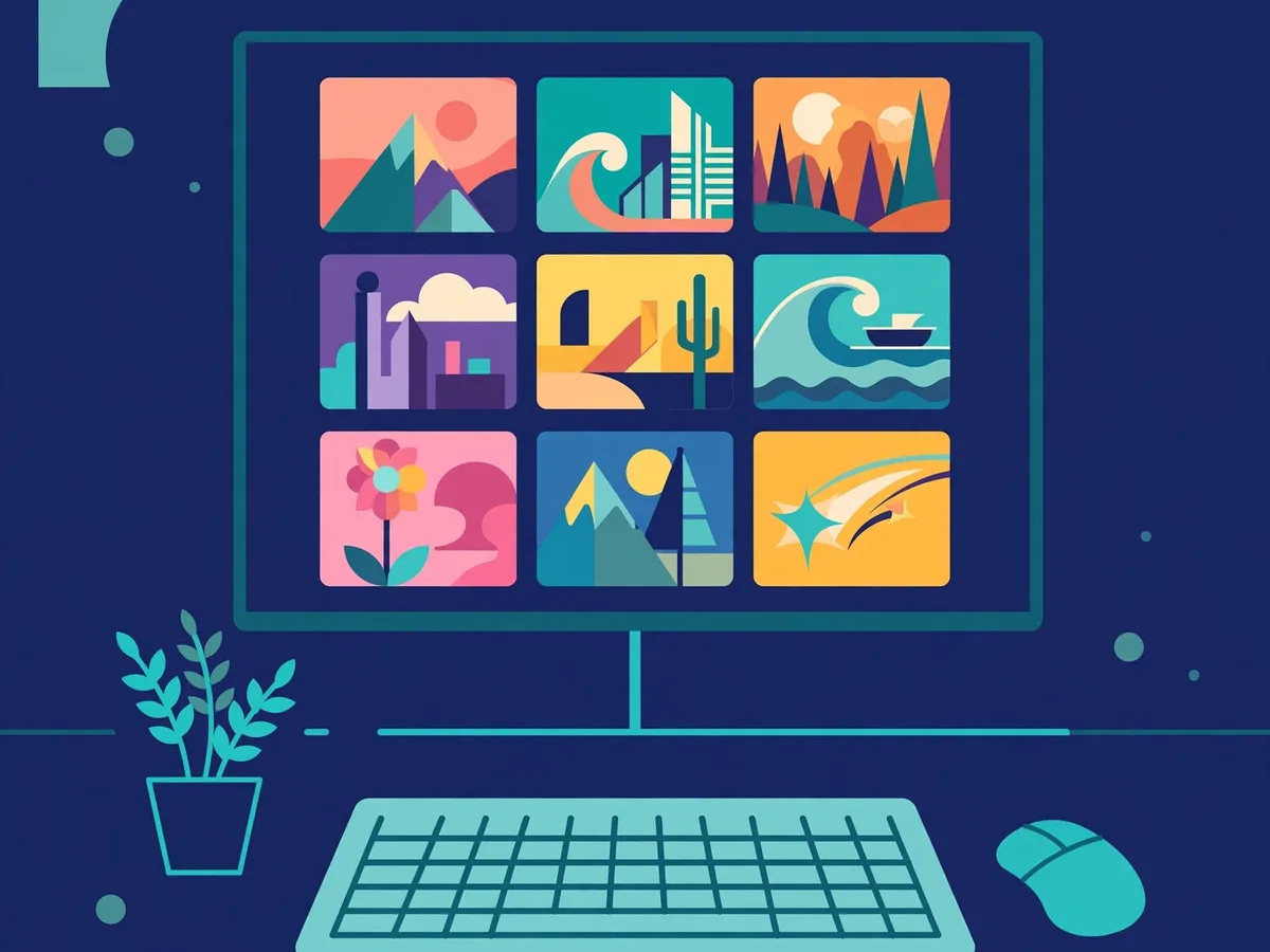 Illustration of a desktop computer monitor showing a grid of nine colorful generic artwork tiles, a keyboard, mouse and plant on the desk