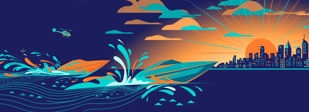 Illustration of a speedboat chase across water at sunset toward a city skyline, a helicopter in the distance