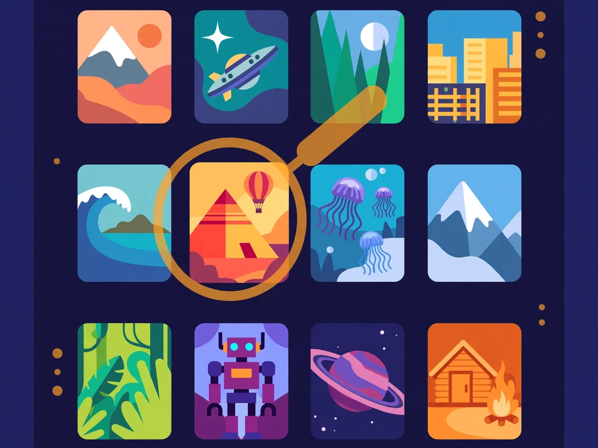 Illustration of a streaming catalog grid of colorful generic artwork tiles with a magnifying glass over one tile