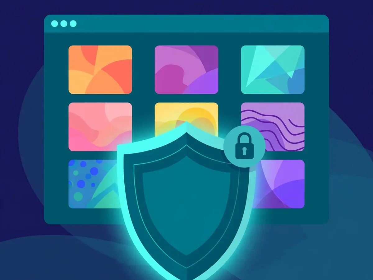 Illustration of a glowing shield with a padlock badge in front of a browser window of colorful generic artwork tiles