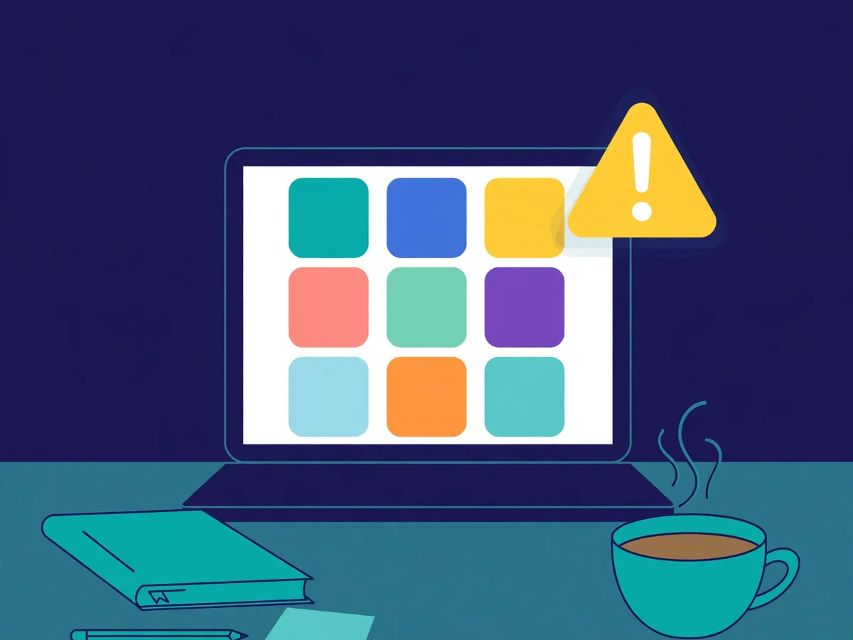 Illustration of a laptop showing a grid of colorful tiles with a yellow warning triangle beside it, a notebook and coffee on the desk