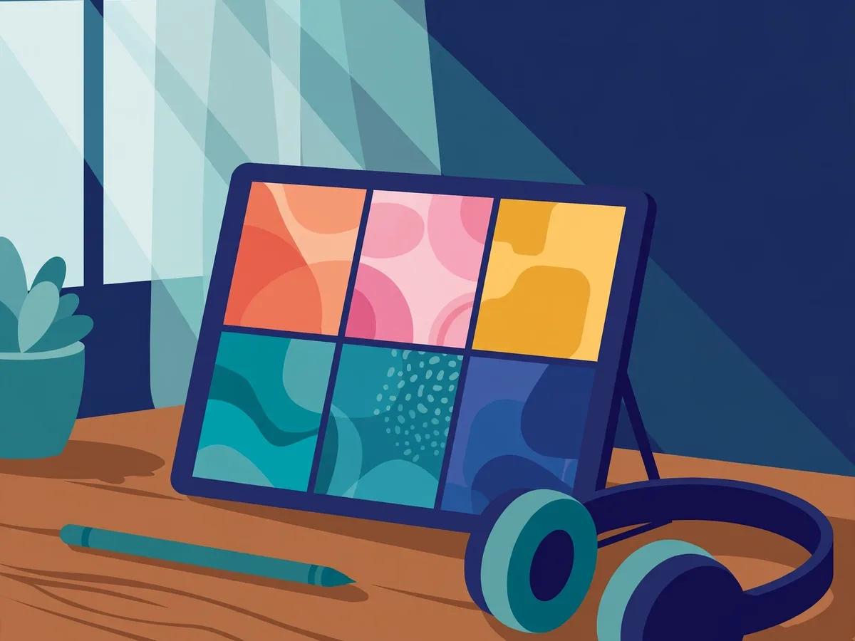 Illustration of a tablet on a wooden desk showing colorful generic artwork tiles, headphones and a stylus beside it