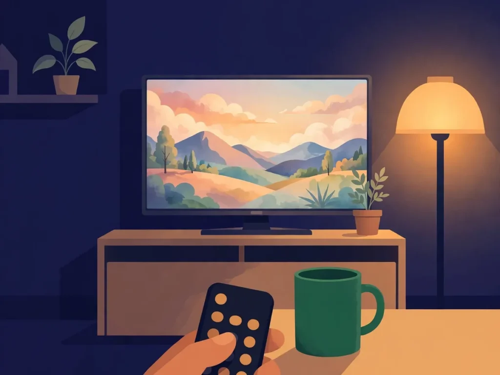 Illustration of a living room TV showing a soft landscape scene, a hand holding a remote and a green mug on the table