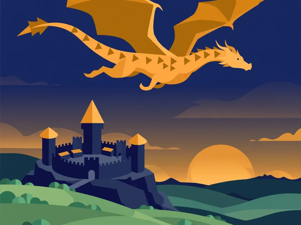 Illustration of a golden dragon flying over a castle on a hill at sunset