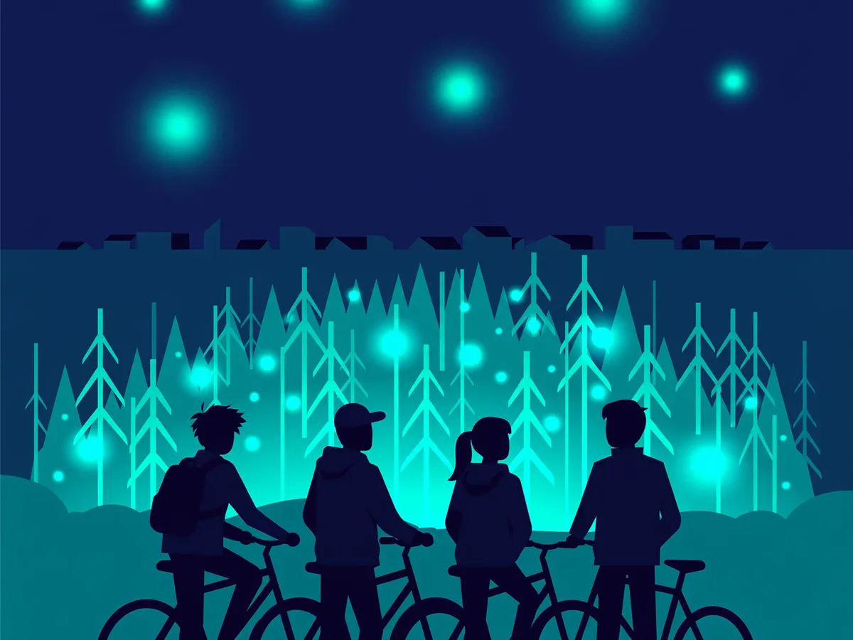 Illustration of four friends with bicycles facing a glowing teal forest at night