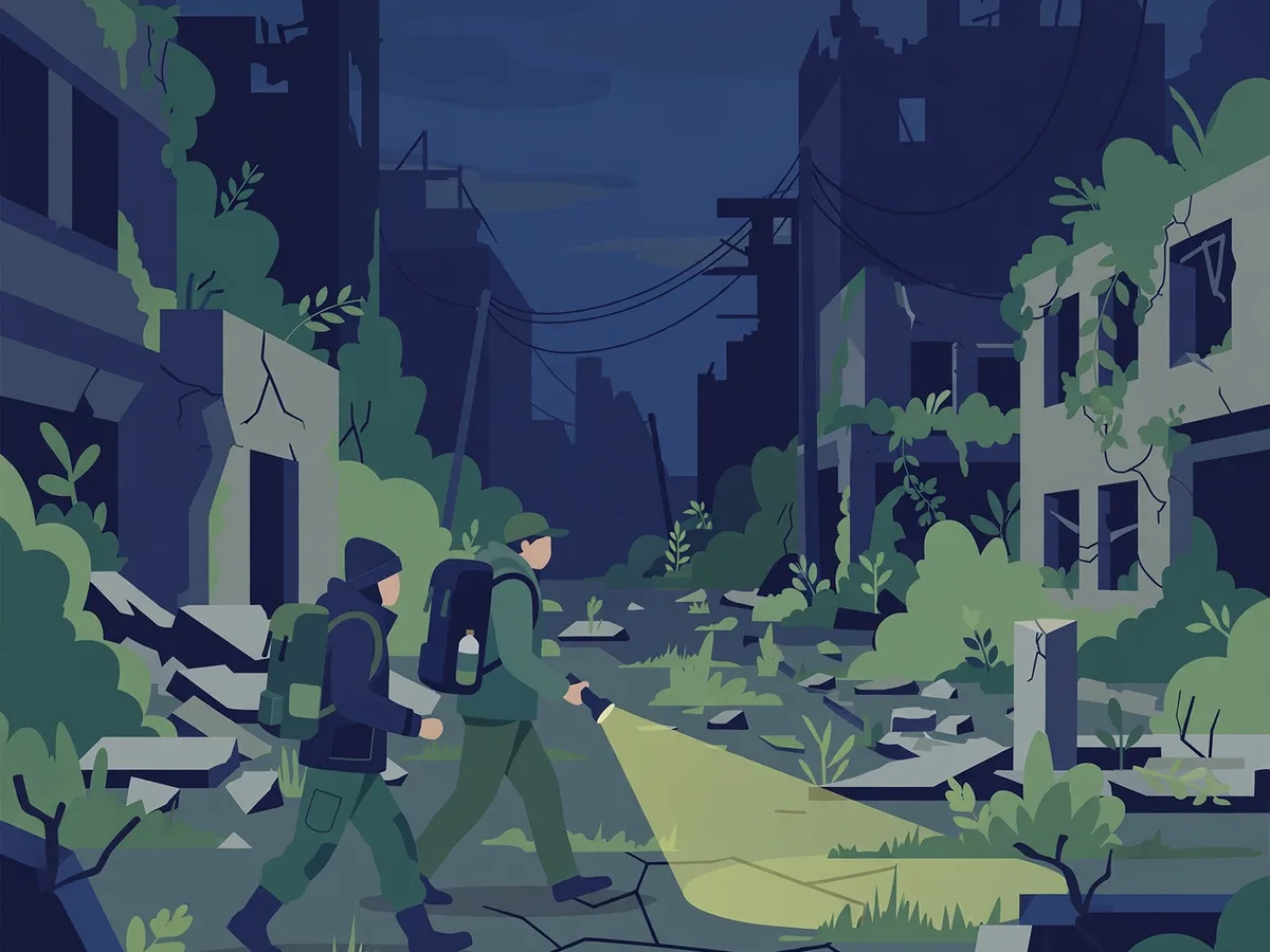 Illustration of two travelers with backpacks and a flashlight walking through an overgrown ruined city street