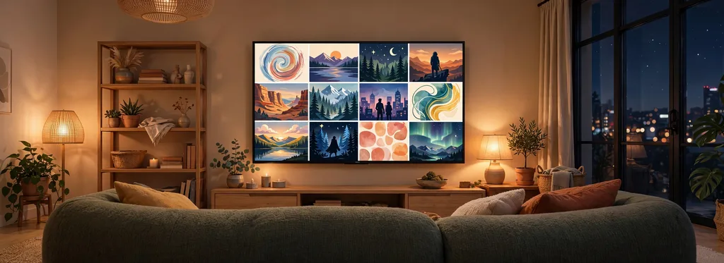Illustration of a living room at night with a TV showing a grid of colorful series artwork