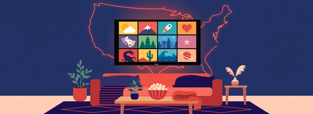 Illustration of a living room with a TV showing a grid of colorful generic movie artwork, a glowing outline of the United States behind it