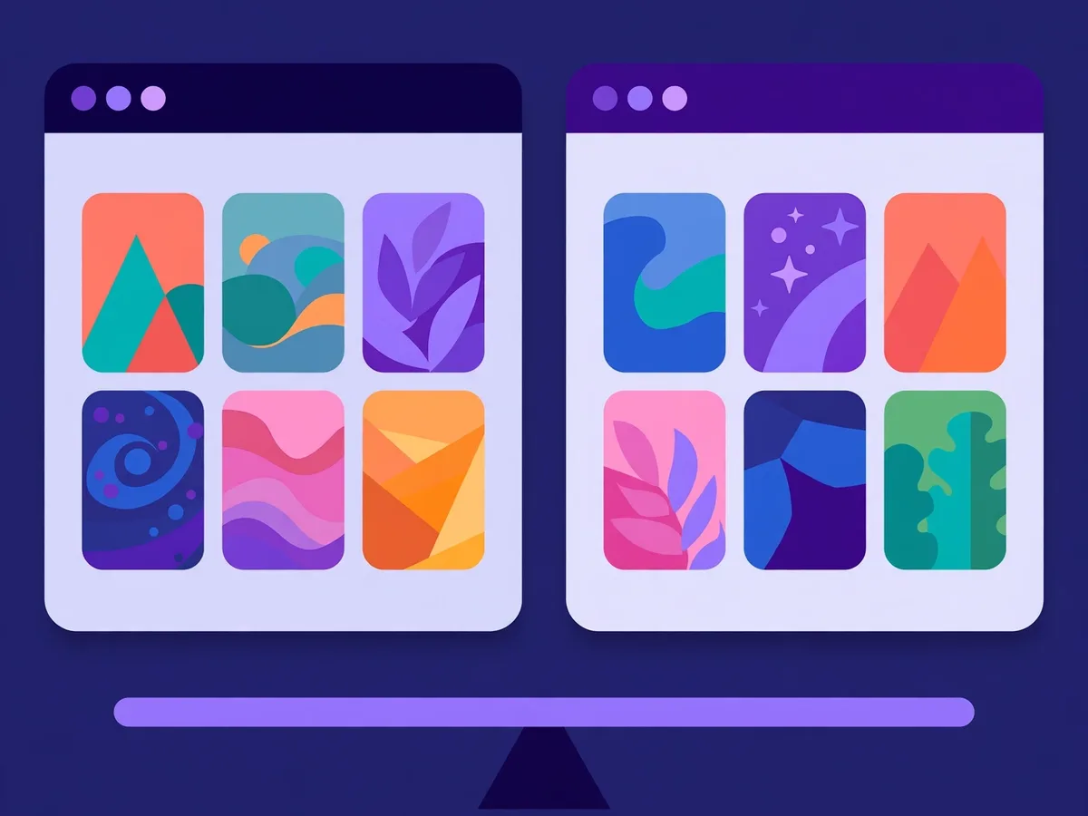 Illustration of two app windows side by side on a balance beam, each with colorful generic movie artwork tiles