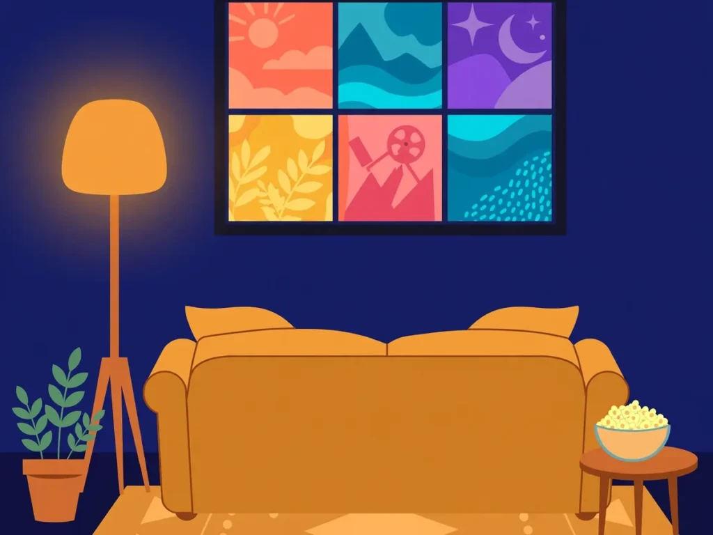Illustration of a sofa facing a TV showing six colorful generic artwork tiles, a floor lamp and a bowl of popcorn beside it