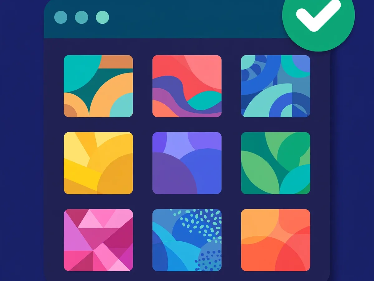 Illustration of a browser window with a grid of colorful abstract artwork tiles and a green checkmark badge