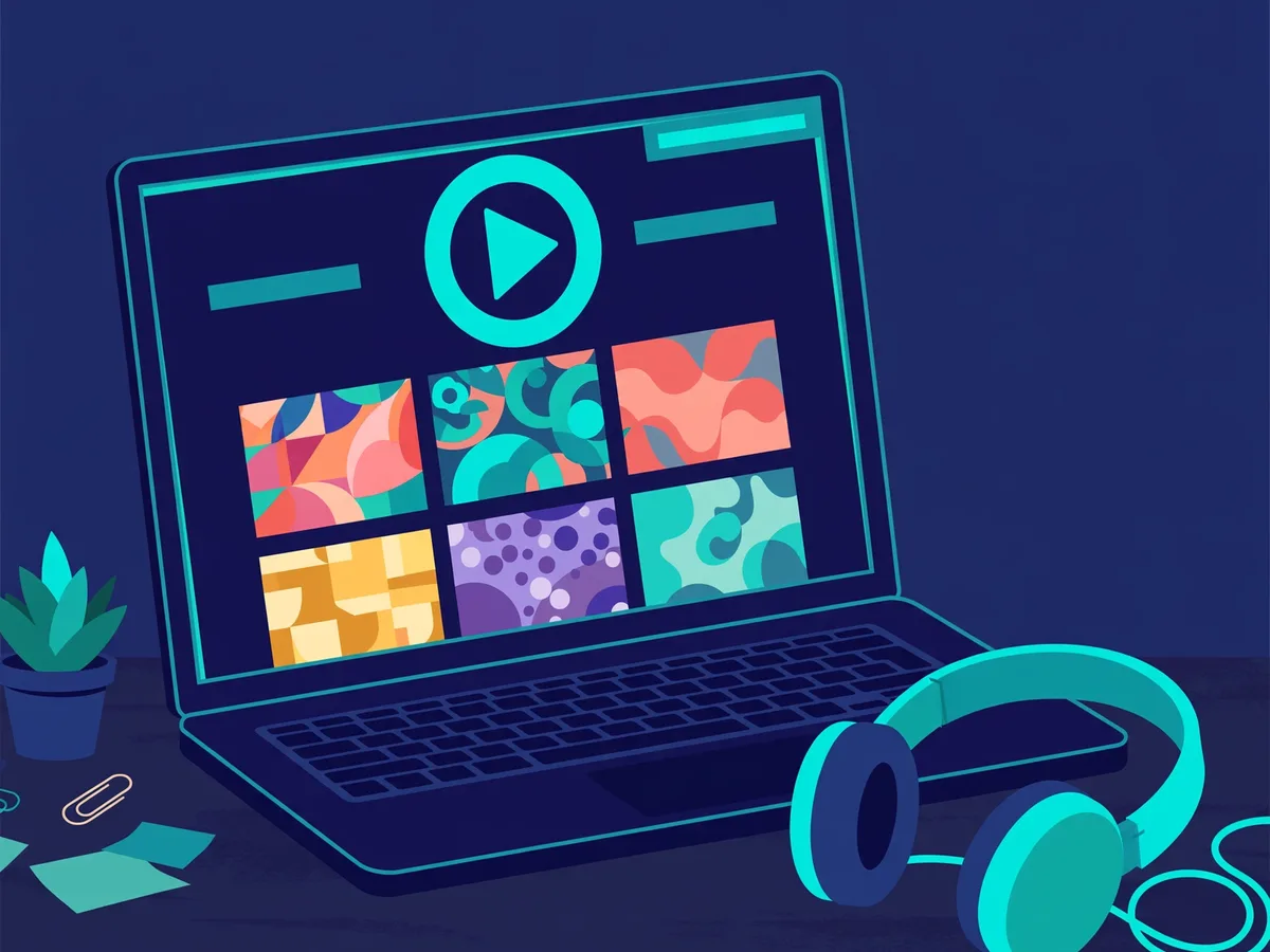 Illustration of a laptop showing a streaming page with a large play button and colorful generic artwork tiles, headphones beside it